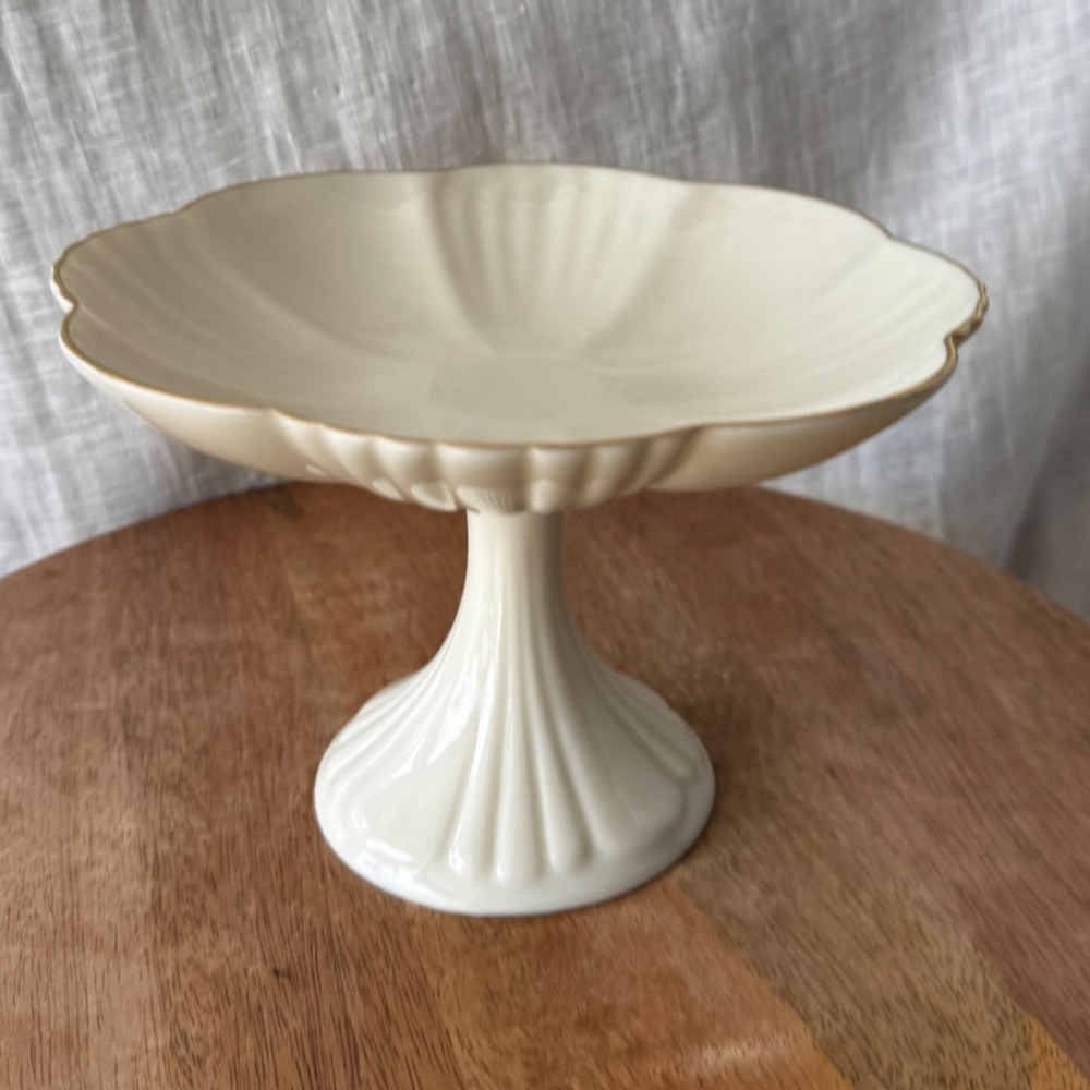 Vintage 80s Lenox Ivory Gold Trim Bon-Bon Compote Pedestal Candy Dish Scalloped - Picture 2 of 8